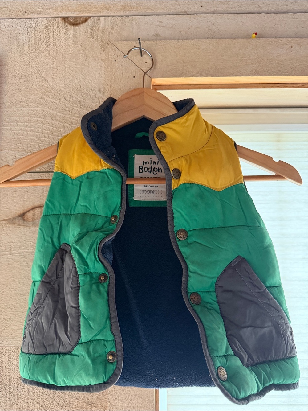 mini Boden Green & Yellow Puffer Vest for Kids